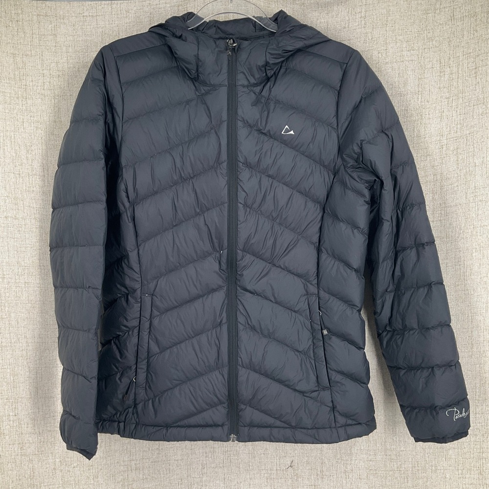 Paradox Puffer Jacket Women Size M Black Duck Down Hooded Chevron Quilt Packable